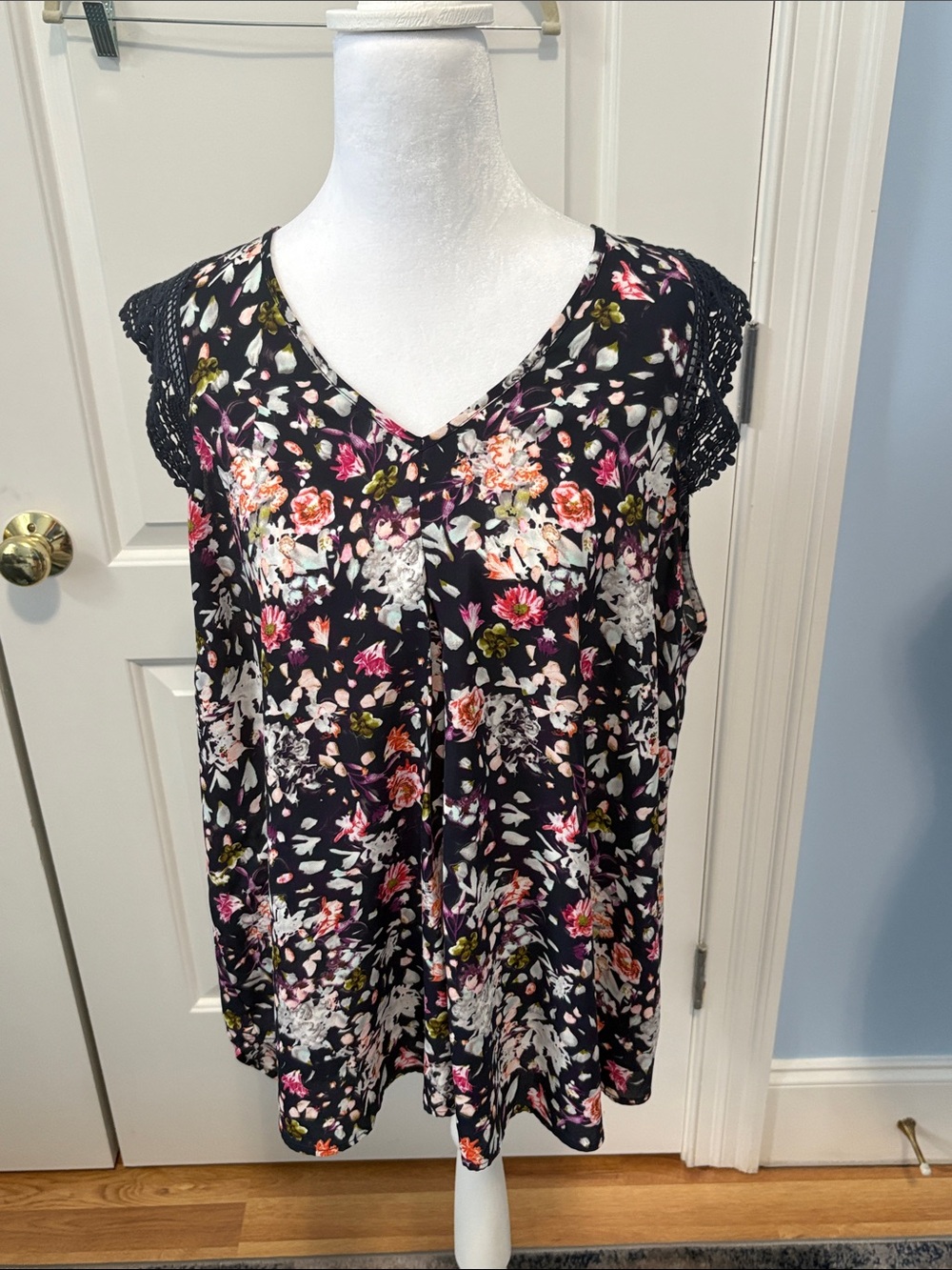 Daniel Rainn Navy Floral V-Neck Cap-Sleeve with Pink, White & Green Flowers